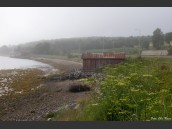 Havskust vid ebb med båthus och väg E10 i Nordnorge, Norge på sommaren i dimma.