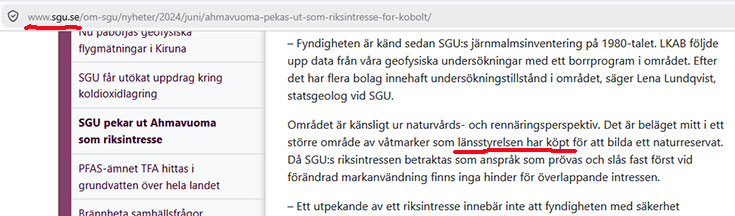 Skärmdump från www.sgu.se med information om att länsstyrelsen ska ha köpt marken för Temminki-Markkatieva naturreservat i Lainio. 